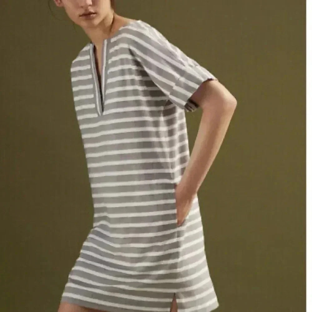 ATM Anthony Thomas Melillo Blue Grey Striped Cotton Blend Shift Dress Size M